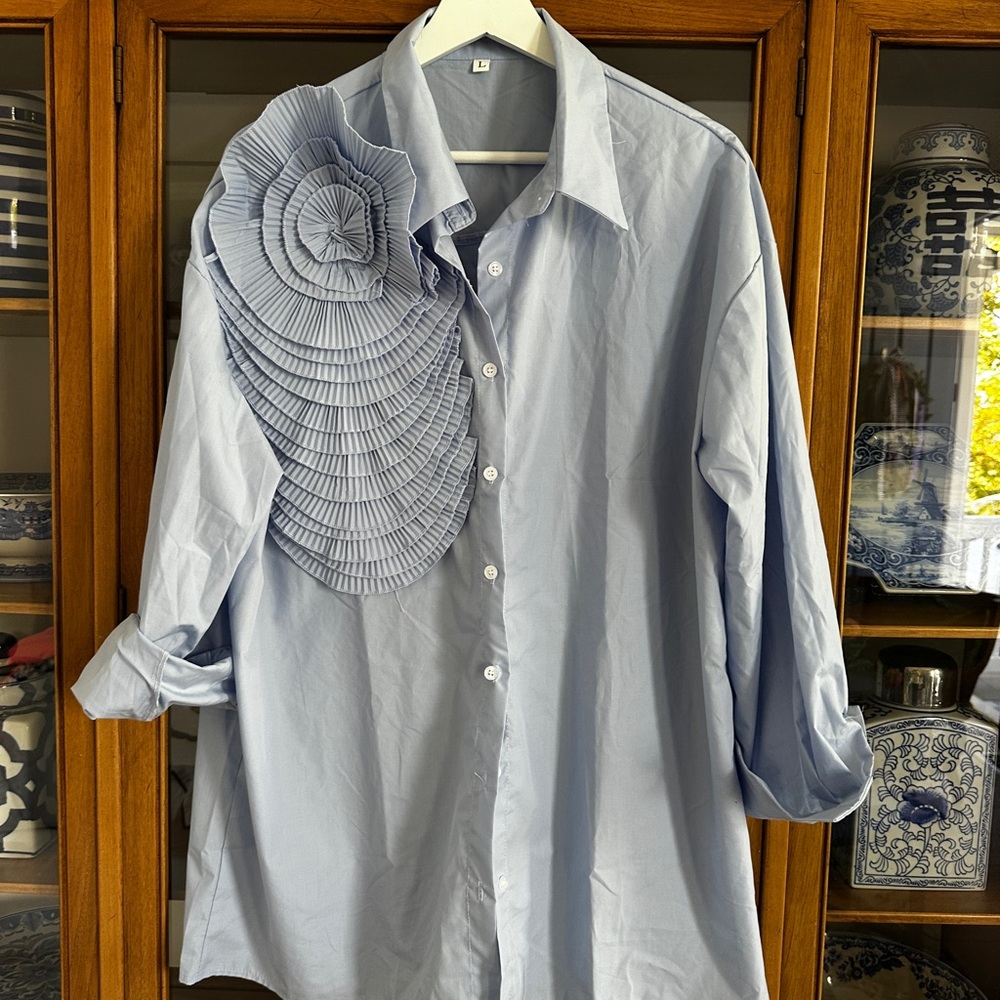 SHEIN Light Blue Blouse with Ruffle Detail
